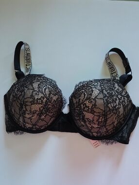 Victoria's Secret Black Lace Push-Up Bra with Embellished Straps